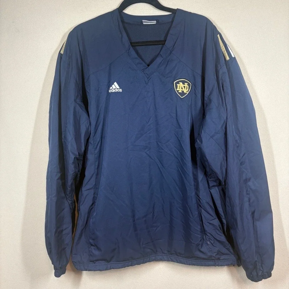 Vtg Adidas+Notre Dame Mens Climalite Nylon Windbreaker Pullover XXL Navy FLAW